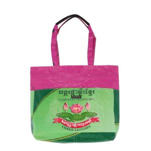 Shopper tas van gerecyclede rijstzakken met rits - Moni Lotus roze/groen