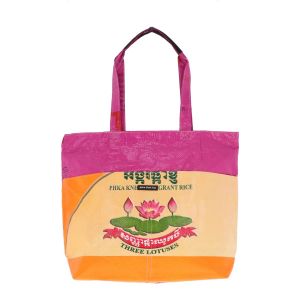 Shopper tas van gerecyclede rijstzakken met rits - Moni Lotus roze/oranje