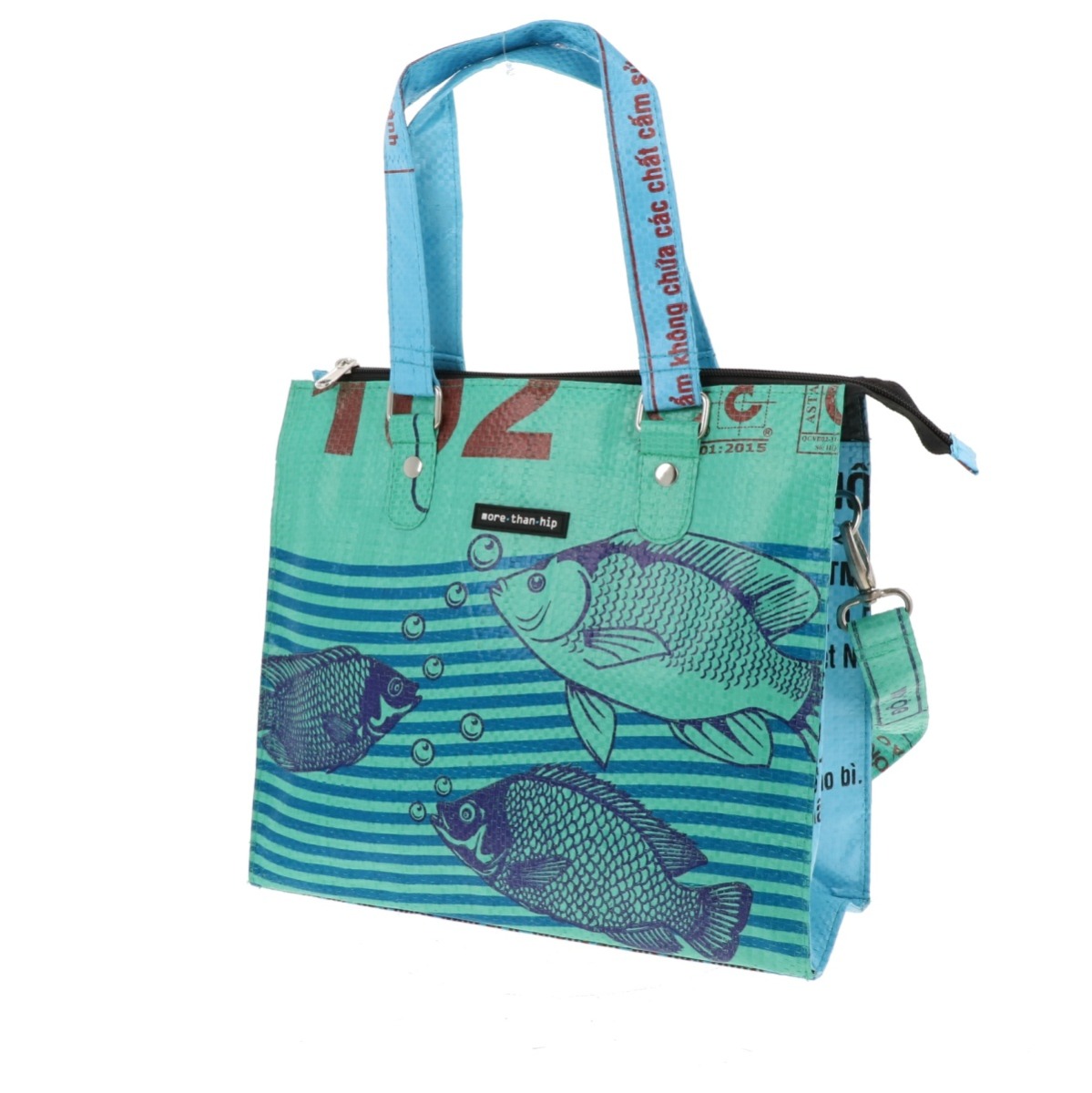 Stijlvolle dames schoudertas van gerecyclede visvoerzakken Dara vissen blauw groen