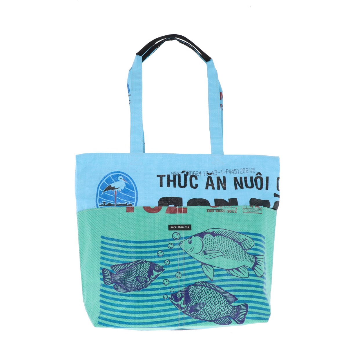 Shopper tas van gerecyclede visvoerzakken met rits Moni Vis groen blauw