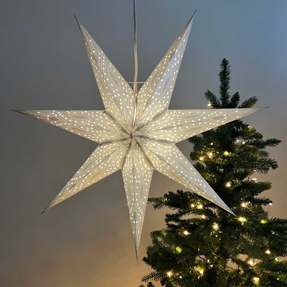 Papieren kerstster Ø60 cm met verlichting Nova zilver met zilveren glitter