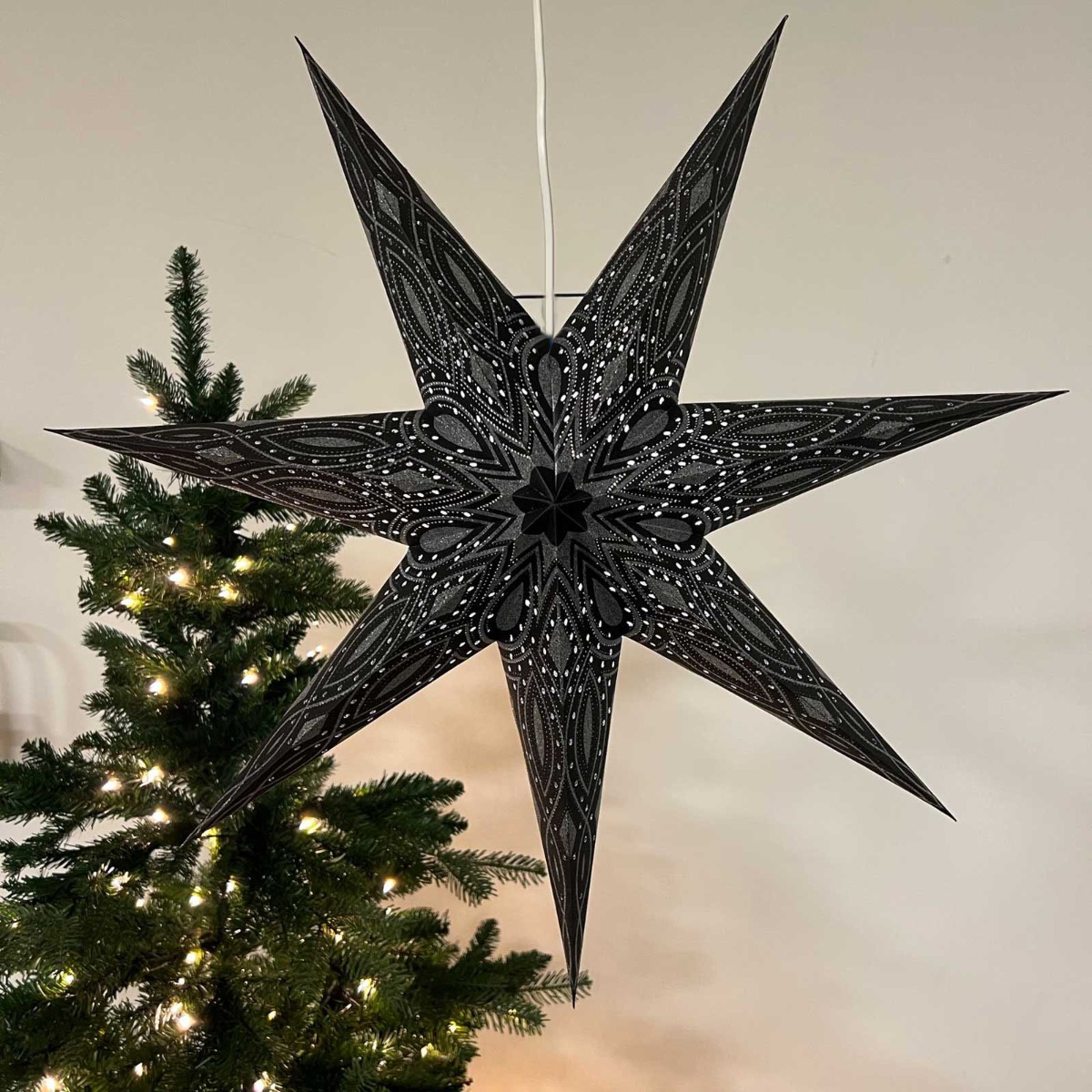 Papieren kerstster Ø60 cm met verlichting Nova zwart met zilveren glitter