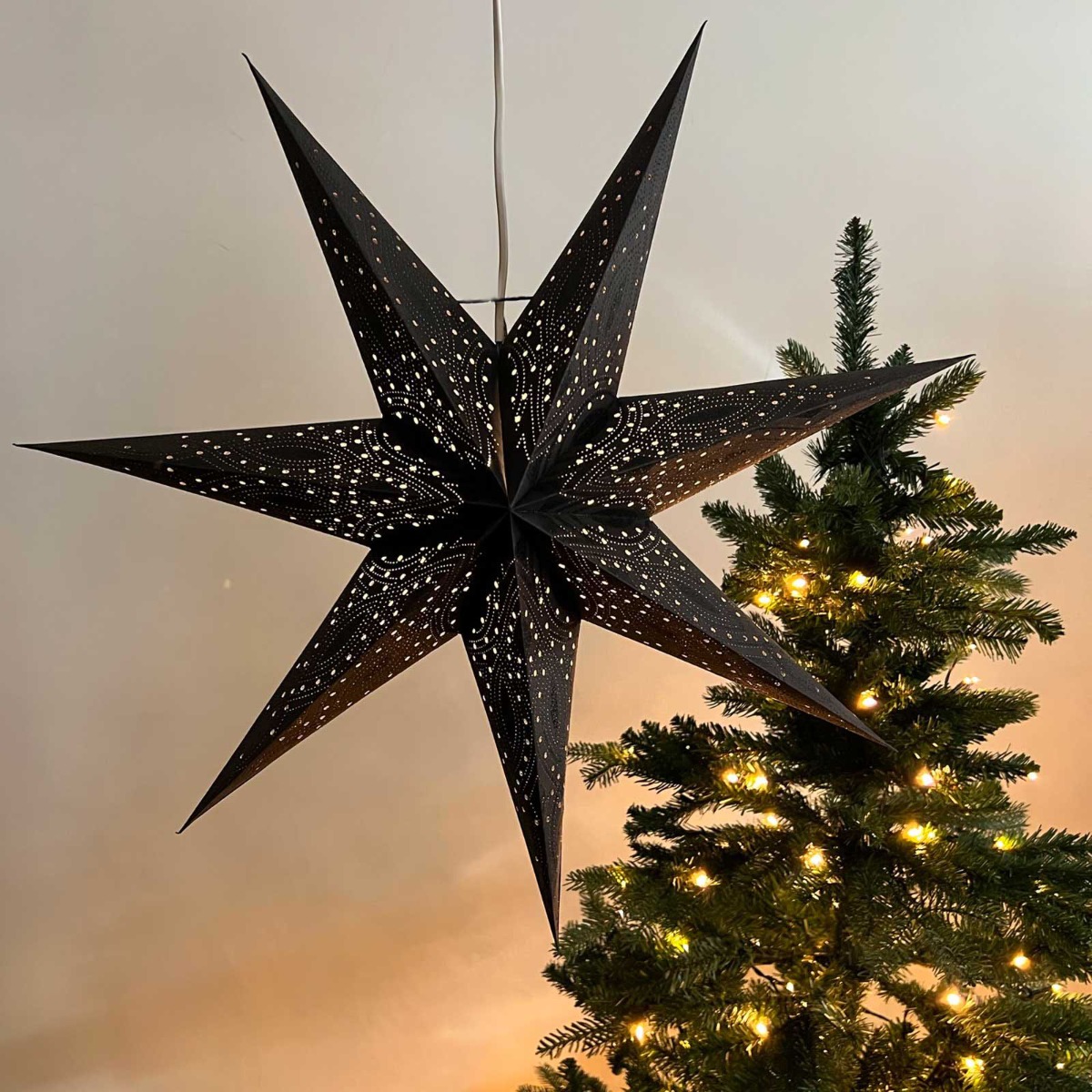 Papieren kerstster Ø60 cm met verlichting Nova zwart met zwarte glitter