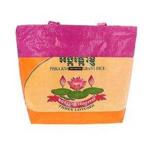 Shopper tas van gerecyclede rijstzakken met rits - Moni Lotus roze/oranje
